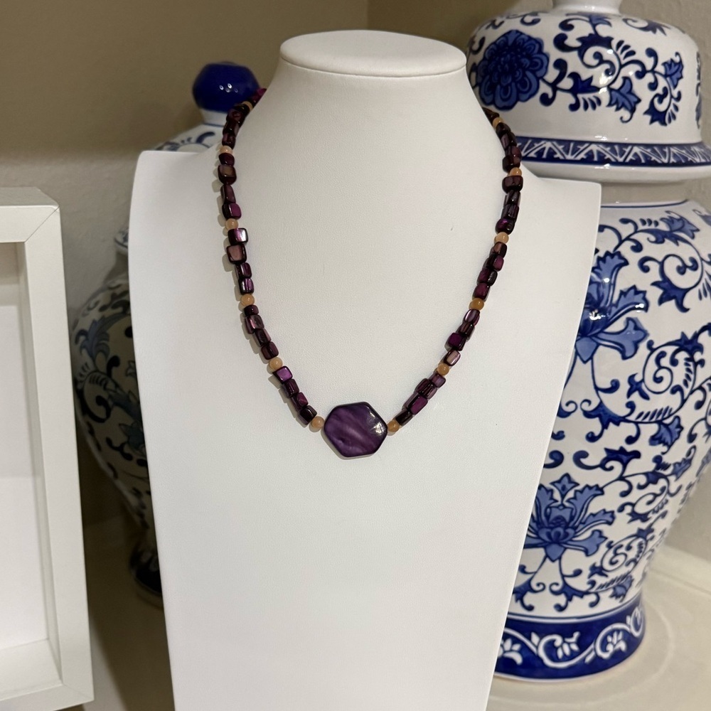 Vintage Purple and Peach Beaded Necklace With Silver Tone Clasp